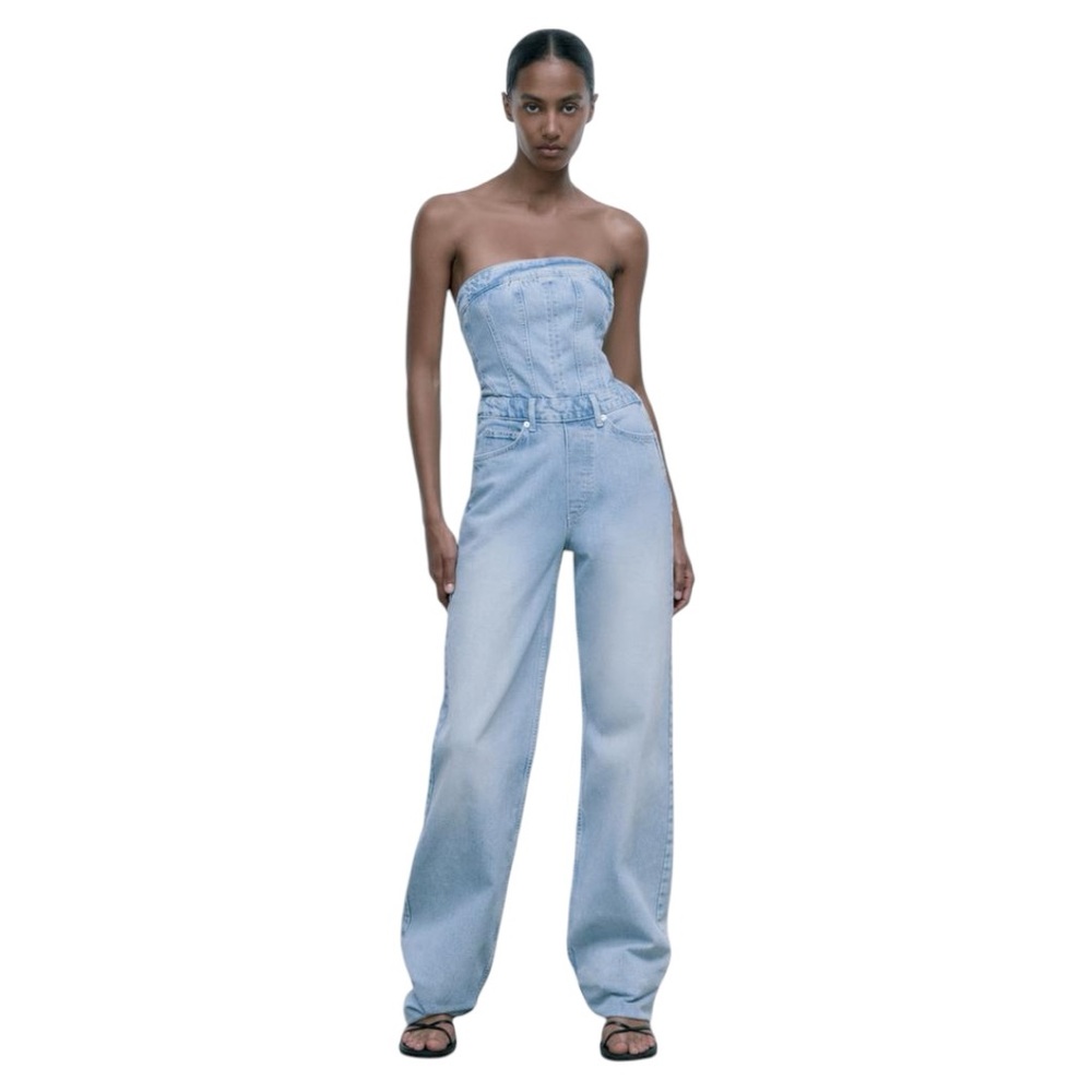 COPY - Zara Blue Denim Strapless Jumpsuit with Fitted Bodice